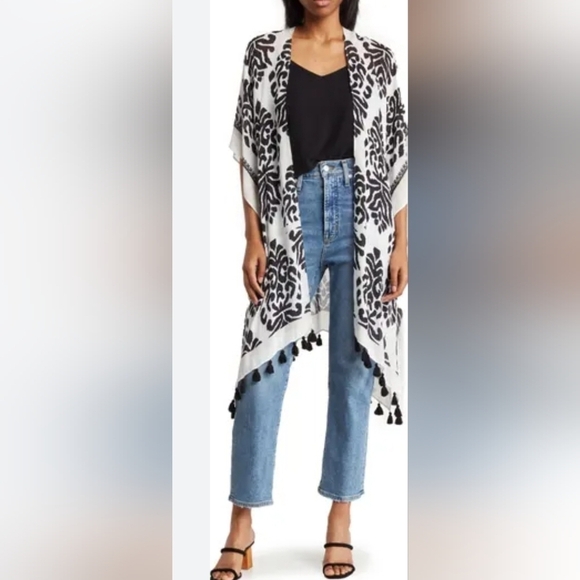 Nordstrom Duster Kimono Tassels Open Front Black & White Boho - Picture 1 of 12